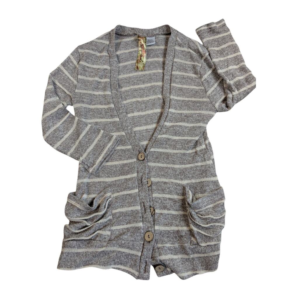 Spoiled Thin Button Sweater 2 Pockets Women's Size S Oatmeal/Ivory Striped Comfy